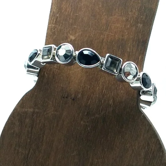 Black and Gray Crystal Stackable Silver-tone Bracelet Magnetic Clasp - Picture 9 of 11